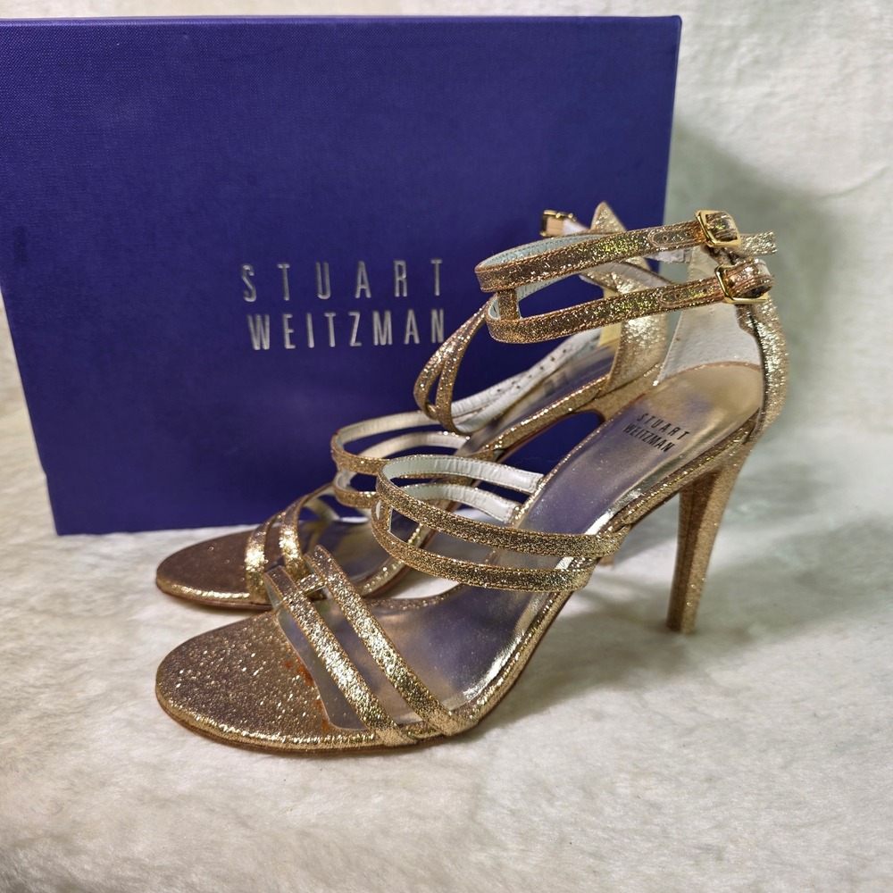 Stuart Weitzman Formal Heels Gold Glitter Strappy Stiletto Womens 8B NEW